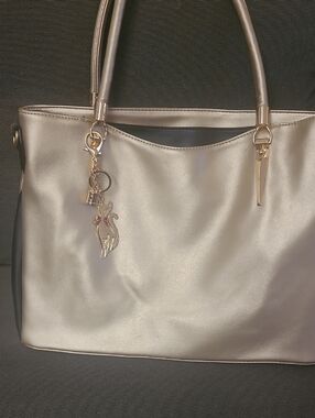Metallic Champagne Tote with Cat Charm Accent